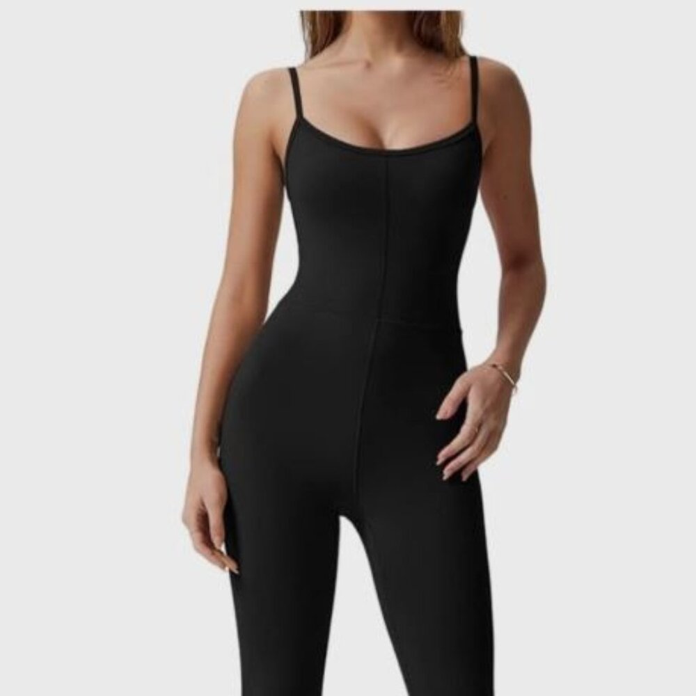 QINSEN Black Flare Jumpsuits Women Spaghetti Straps Scoop Neck Bodycon